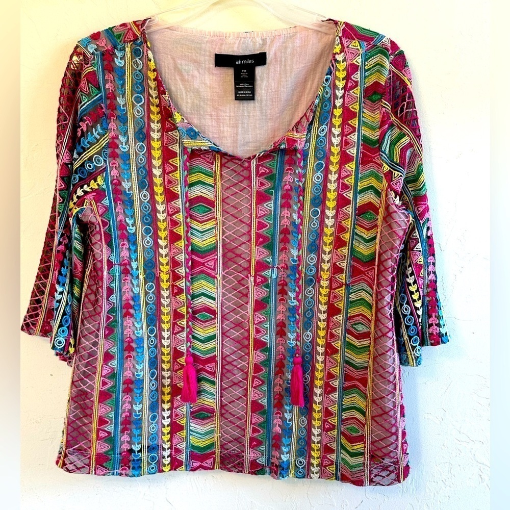 Ali Miles Colorful Woven Boho Flared Sleeves V-Neck with Tassels Blouse Sz MP